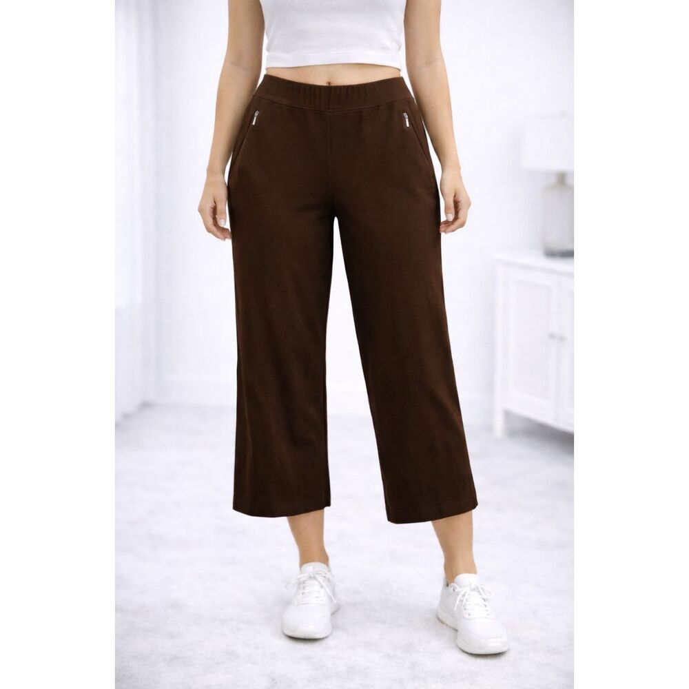 Lucy Pull-on Wide Leg Elastic Waist Leggings Brown M Short - Picture 10 of 10
